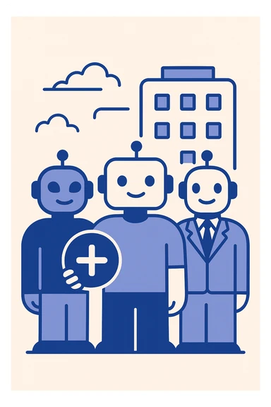 flat style icon of a group of friendly robots, one holding a plus sign, standing in front of a stylized office building, using Slack's color palette, representing a new customer organization created for a B2B SaaS LLM evaluation company sticker