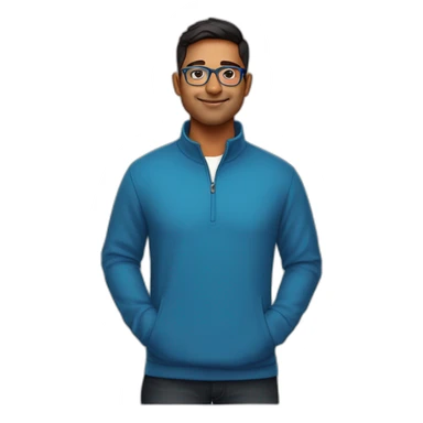 29 year old indian tech founder clean shaven in blue quarter zip with pebbled tortoiseshell glasses sticker