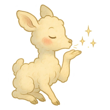 vanilla-colored cloud doe with rosy cheeks, blowing a kiss with sparkles, soft Ghibli style sticker