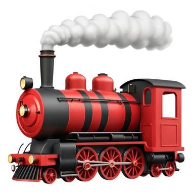 A 3D cartoon classic steam locomotive with a chimney releasing smoke, red and black body, bright sky background, Memoji-style rendering. sticker