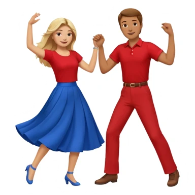 Two people dancing. Man in red shirt and  red pants with brown hair. Women in blue shirt and long skirt with blond hair. sticker