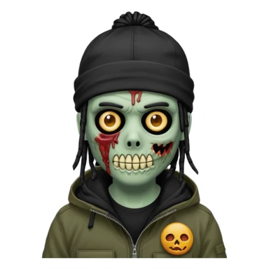 a zombie emoji with black dreads and a black carheartt jacket and black nike ski mask on his head sticker