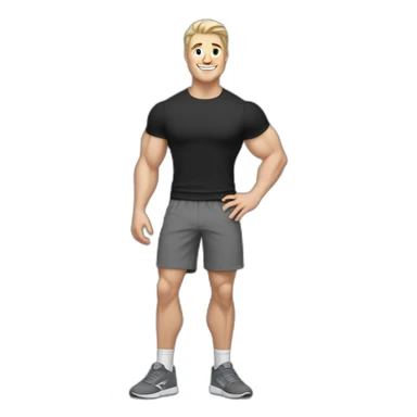 Joyful Pale skinned Fit Man With the biceps and dark brown hair in black shirt, gray sports shorts and white Sneakers sticker