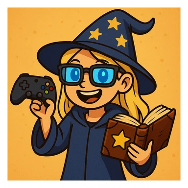 Make the girl wizard have blond hair, blue eyes, and a dark blue outfit. She is a cheerful gamer with a joystick and a spellbook, wearing a pointy hat and gaming glasses. Keep the cheerful and magical gamer theme. sticker