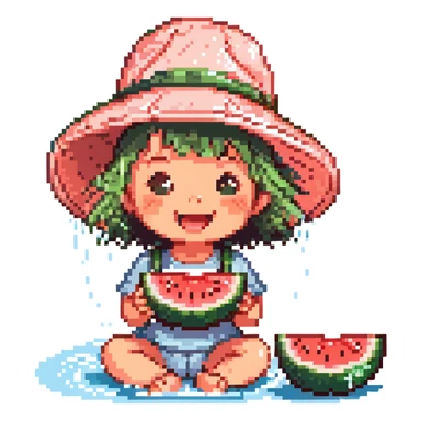 cute little kid in a sun hat joyfully eating watermelon by the riverside on a hot summer day with splashing water sparkles and refreshing breeze colorful pixel art style sticker