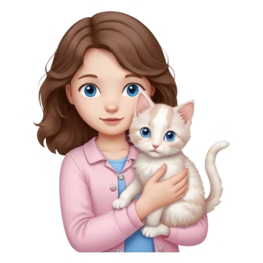 A little girl with wavy brown hair and blue eyes and pale pink clothes holds a white kitten sticker