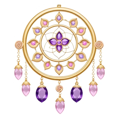 Epic beautiful gorgeous cute gold dream-suncatcher, threads with shiny sparkly amethyst and rose-quartz gemstones, flowers, crescents-moons sticker