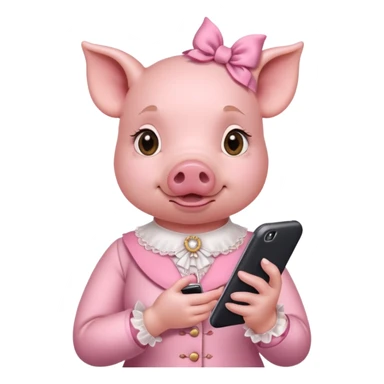 girl pig in victorian pink finery scrolling on a cell phone sticker