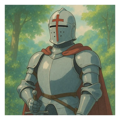 Christian knight in shining armor, helmet with a cross, standing tall, ghibli style sticker