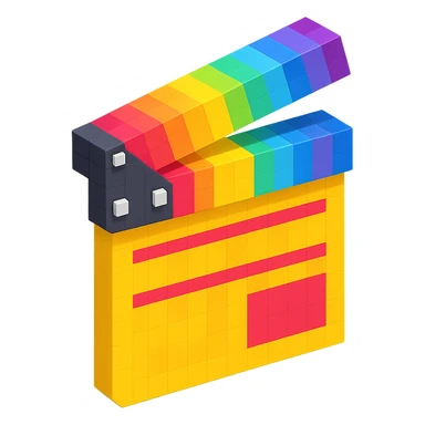 voxel style movie clapperboard with rainbow stripes, isometric view sticker