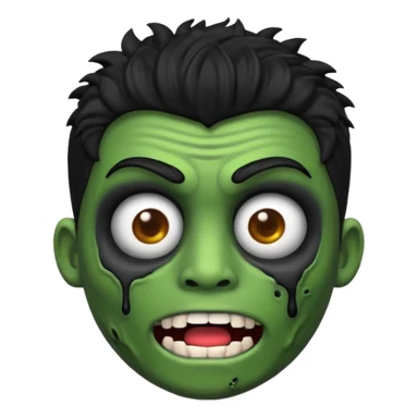 Quero um emoji de zumbi masculino, com cabelo preto, estilo desenho 3D como emoji, na mesma pose com as mãos levantadas para frente, expressão de zumbi com boca aberta e olhos meio caídos, pele verde acinzentada e roupa rasgada sticker