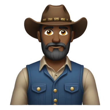 a rugged cowboy with a thick beard, wearing a blue vest over a classic western shirt. He should have a confident stance, showing full torso sticker