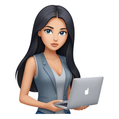 Glamours tanned very beautiful girl with pump peach nude lips and black straight smooth long hair, blue-grey eyes in grey v-neck vest only vest with MacBook sticker