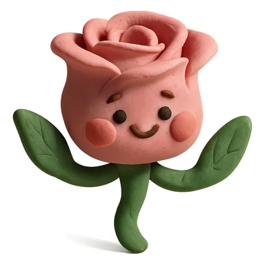 adorable claymation rose character, pastel pink, puffed cheeks, green leaf arms, playful expression, soft clay texture sticker