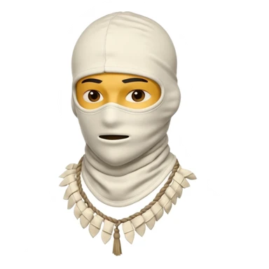 Ultra-detailed studio shot of a post-apocalyptic off-white balaclava — deconstructed, frayed, layered, with braided rope tassels and subtle embroidery. Minimalist white background, soft lighting, sharp focus. High-fashion streetwear aesthetic. The face of a person in a mask should not be visible sticker