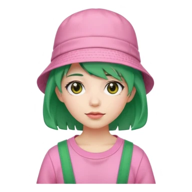 Stylish pink outfit with bucket hat, green hair sticker
