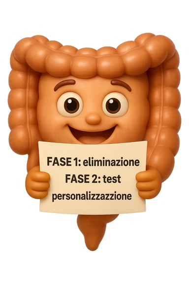 emoji stile iphone 3d di un intestino che tiene in mano un foglio con la scritta "FASE 1: eliminazione, FASE 2: test, FASE 3: personalizzazione, IPERREALISTICO 4K sticker