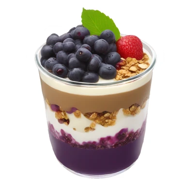 Açaí in a clear cup with layers of fruits and granola and condensed milk sticker