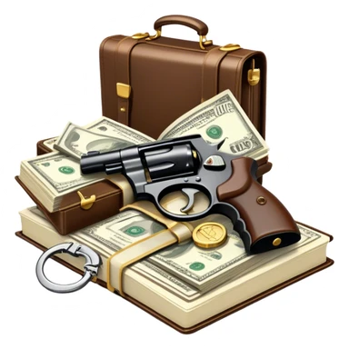 Icon for Action & Crime Reading: open book, with a silhouette of a gun, a bag of money, and a police badge on the pages. Surrounding elements include a pair of handcuffs, a briefcase, and scattered bullet casings. Transparent background. sticker