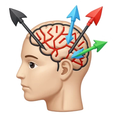 Minimalistic flat vector icon, iOS style, thin black contour on white background. Human head with brain and arrows showing thought change. No text, no shadows. sticker