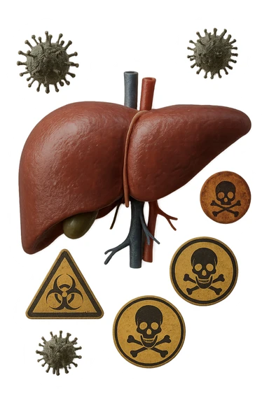 fegato umano anatomico con tossine che gli fluttuano intorno, iperrealistico 4k sticker