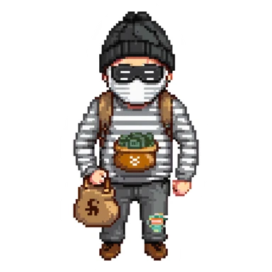 burglar with black and white striped shirt, black beanie, black mask over eyes, holding a moneybag sticker