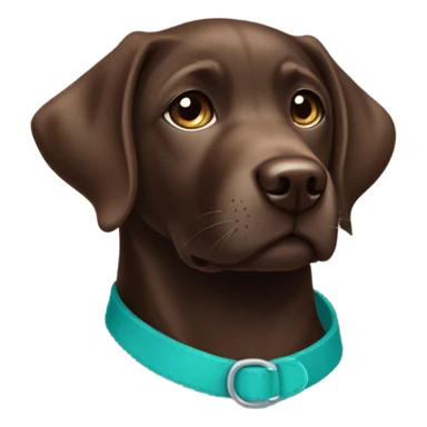Chocolate labrador cute puppy with small white patch of fur on chest and teal collar sticker