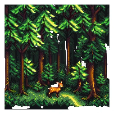 Add a pixel art forest background with trees and sunlight behind Bambi, consistent with pixel art style. sticker