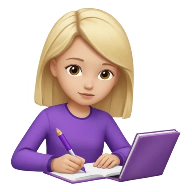 girl sitting, writing in a notebook, blond hair, dressed in purple clothes sticker