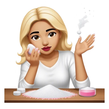 female salt bae sprinkling salt that is falling from her hand onto some makeup that is on a table sticker