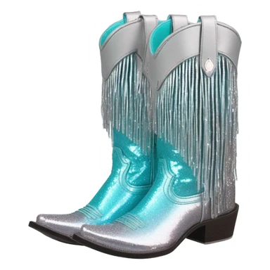 Realistic silver and robins egg blue ombre pair of fashion cowgirl boots with sparkly shiny glitter fringe on them. sticker
