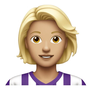 a blonde woman in white soccer jersey with purple pinstripes sticker