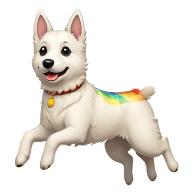 Beautiful White belgian Shepard jumping Cheerful  over Rain puddles. There is a rainbow in the sky and Autumn forest in the background sticker