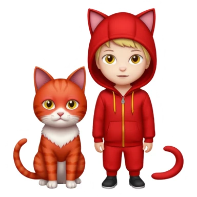 There is a kid wearing all red. Next to him there is a cat that has a red cat outfit and the cat has yellow eyes sticker