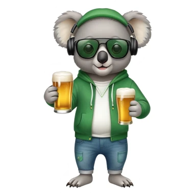 anthropomorphised koala, full body, wearing a hoodie and jeans, dark sunglasses, headphones, dressed for St. Patrick's Day sticker