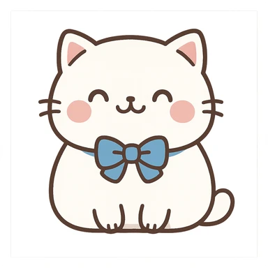 cute chubby cat with a blue bow, white fur, tiny paws, smiling face, kawaii style sticker