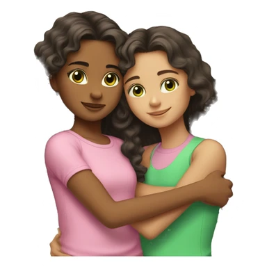 A girl with short dark hair and brown eyes in a pink top hugs her younger sister, who has long curly hair and green eyes sticker