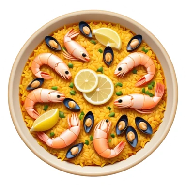 cinematic-realistic-paella-dish-emoji,-depicted-as-a-vibrant,-aromatic-rice-dish-loaded-with-seafood,-chicken,-and-saffron-rendered-with-rich-textures-and-dynamic,-warm-lighting with a lemon slice in the middle sticker