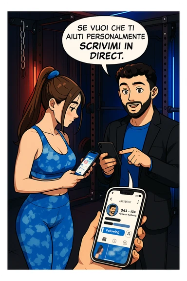 TRASFORMA QUESTO CAROSELLO IN UN FUMETTO STILE WEBTOON/MANGA A COLORI CON QUESTE DUE PERSONE IDENTICHE CHE INTERLOQUISCONO TRA LORO, L'UOMO MOSTRA UNO SMARTPHONE ALLA DONNA INDICANDOLO, E ANCHE LA DONNA HA LO SMARTPHONE IN MANO PER ANDARE A SEGUIRE IL SUO PROFILO INSTAGRAM:

LUI (UOMO): Se vuoi che ti aiuti personalmente
SCRIVIMI IN DIRECT sticker
