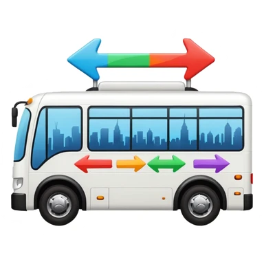 modern side-view bus with three colorful arrows pointing to city icons, Apple emoji style sticker