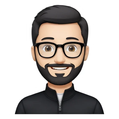 Fair-skinned man with short black hair styled upward, short graying beard, large black-framed glasses, smiling, wearing black long sleeve shirt with zip at neck sticker