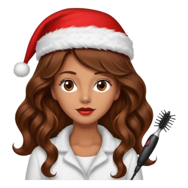 mujer peinandose en la peluqueria y con un gorro de navidad, cabello largo café y ondulado sticker