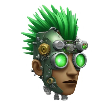 Green Mohawk cyborg head with grey steampunk goggles and circuitry sticker