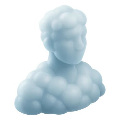 person looking straight, composed entirely of white fluffy convex clouds, shoulder up, matte glass style sticker