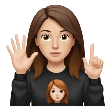 A 38 year old white woman with long brunette hair parted in the middle. She has her nose pierced. Her nose is medium sized. She has brown eyes. She has freckles and is wearing a black sweatshirt and is making the rock on sign with her hand sticker