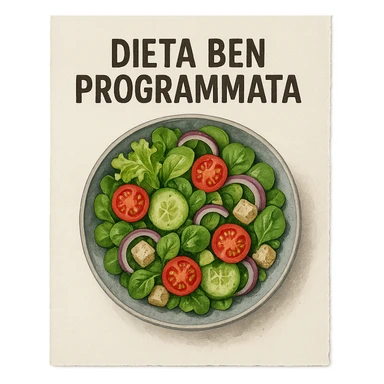 hyperrealistic 4K top view of a sheet of paper with an illustrated bowl of salad and the text 'DIETA BEN PROGRAMMATA', variation 8, no background sticker