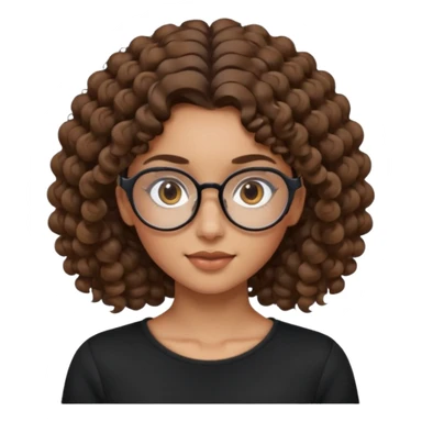un chica con pelo rizado tiene hecha una coleta y con dos rizos sueltos en la parte de alante que le llega hasta el cuello. luego pil un poco morena ojos marrones y tiene gafas negras y son exagonales pero un poco redondeadas. sticker