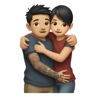 Cute girl hug Asian boy with tattoos on right arm sticker