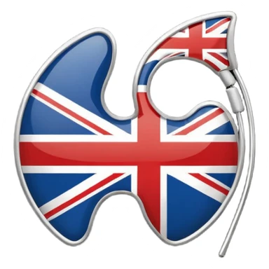 Minimalistic flat vector icon, iOS style, thin black contour on white background. Ear icon with sound waves and small UK/USA flag symbol. Clean, no text, no shadows sticker