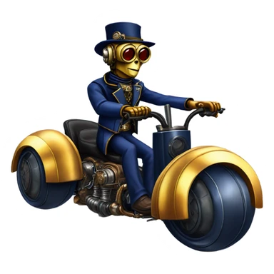 C-3PO wearing a pair of navy-blue rimmed steampunk goggles, hat, leather chaps, fringe jacket riding a fast 3 wheeler trike steampunk motorcycle on ice  sticker